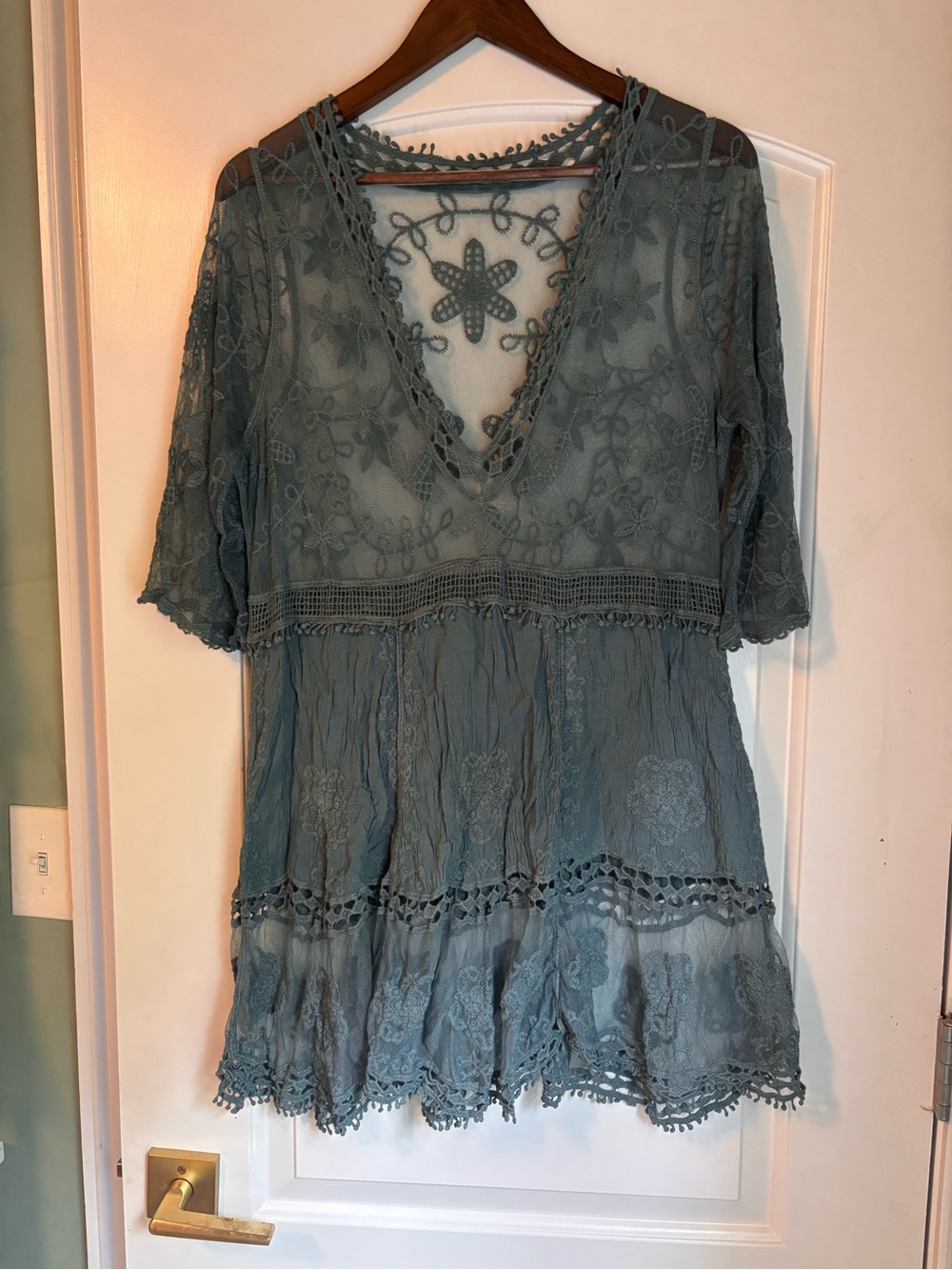 Embroidered V-Neck Lace Dress - Dusty Blue Coverup